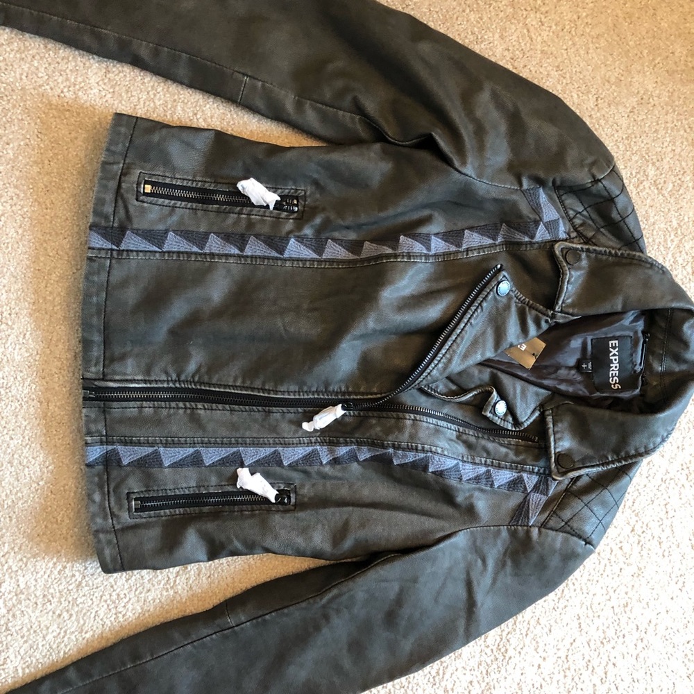 Express Minus The Faux Leather Faux Gray Embroidered Jacket Moto Coat Outerwear